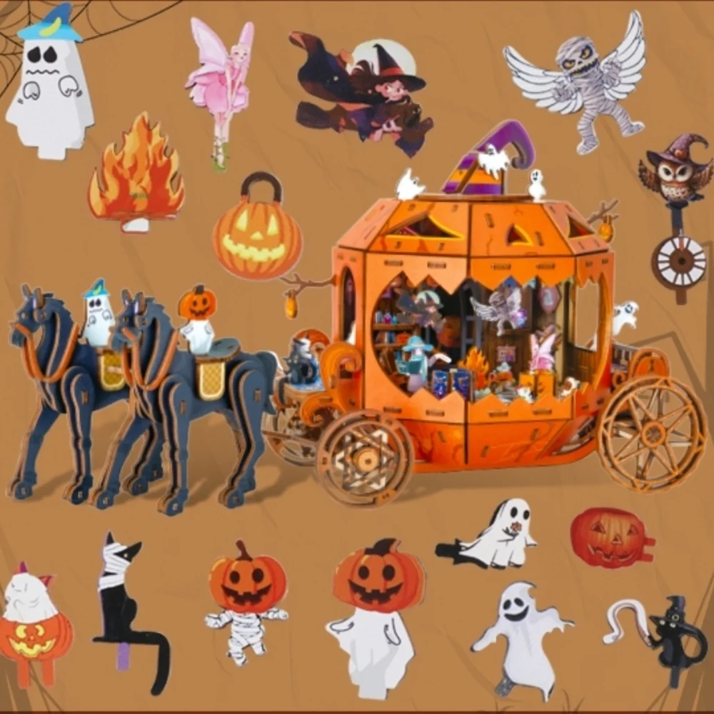Pumpkin Carriage DIY Wooden Puzzle - Orange and Black
